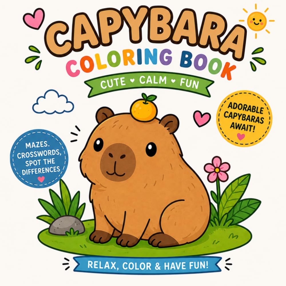 Capybara Coloring Book: A Relaxing Activity Book with Adorable Capybaras, Mazes, Crosswords & Spot-the-Difference