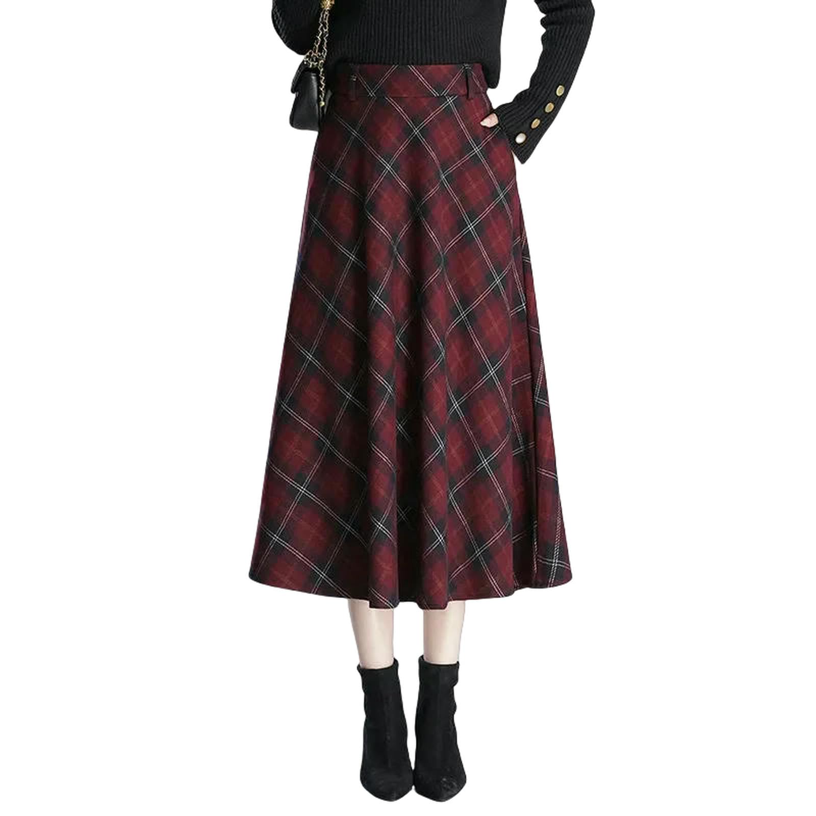 Langer Rock Damen Karierter, Drapierter Midirock Für Damen, Die Saison, Herbst Und Winter, Den Pendelverkehr, A-Linie, Hohe Taille, Schlankmachender, Halblanger Rock-kaffeegitter-XXXL