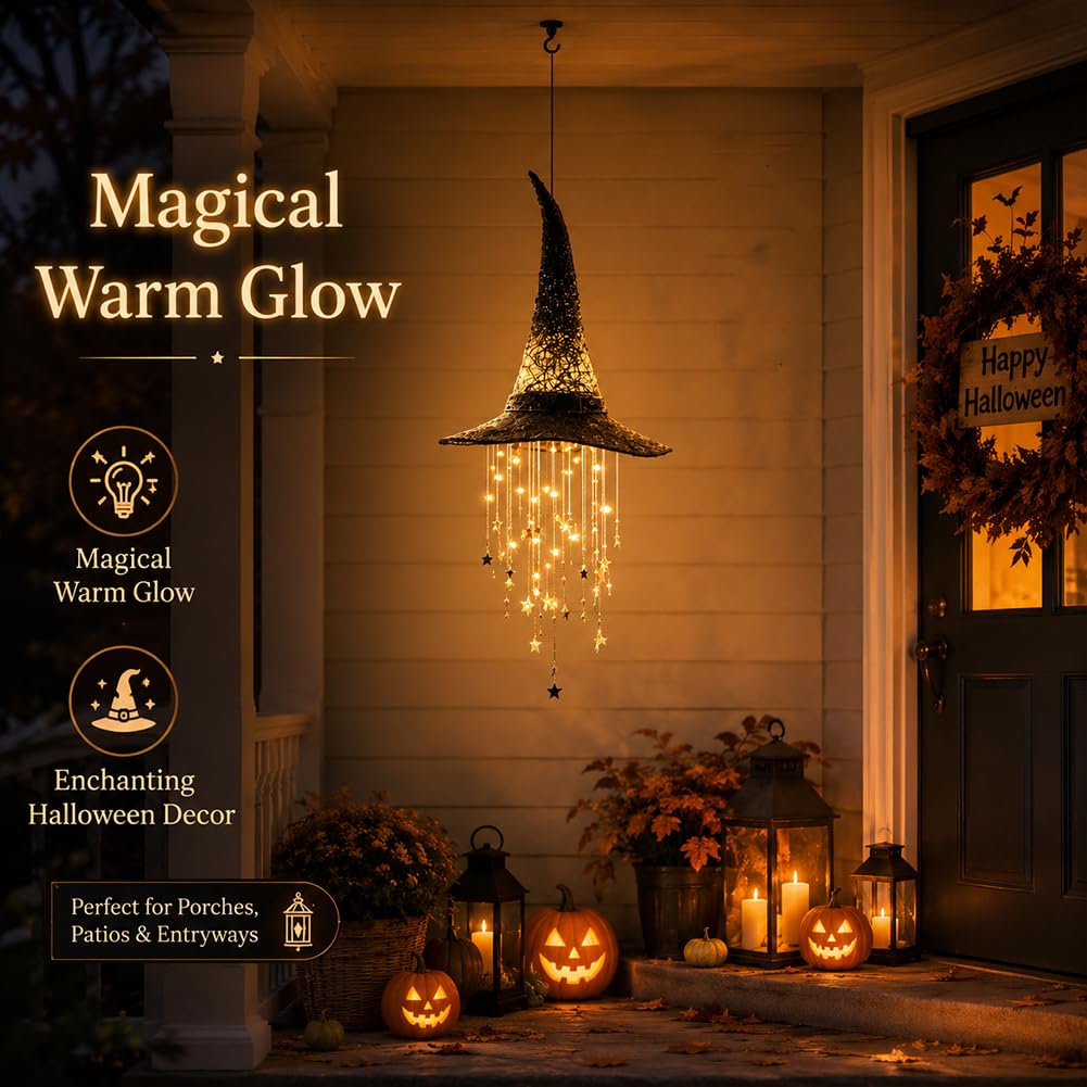 Wiszący kapelusz czarownicy z ciepłymi światłami LED Halloween świecący