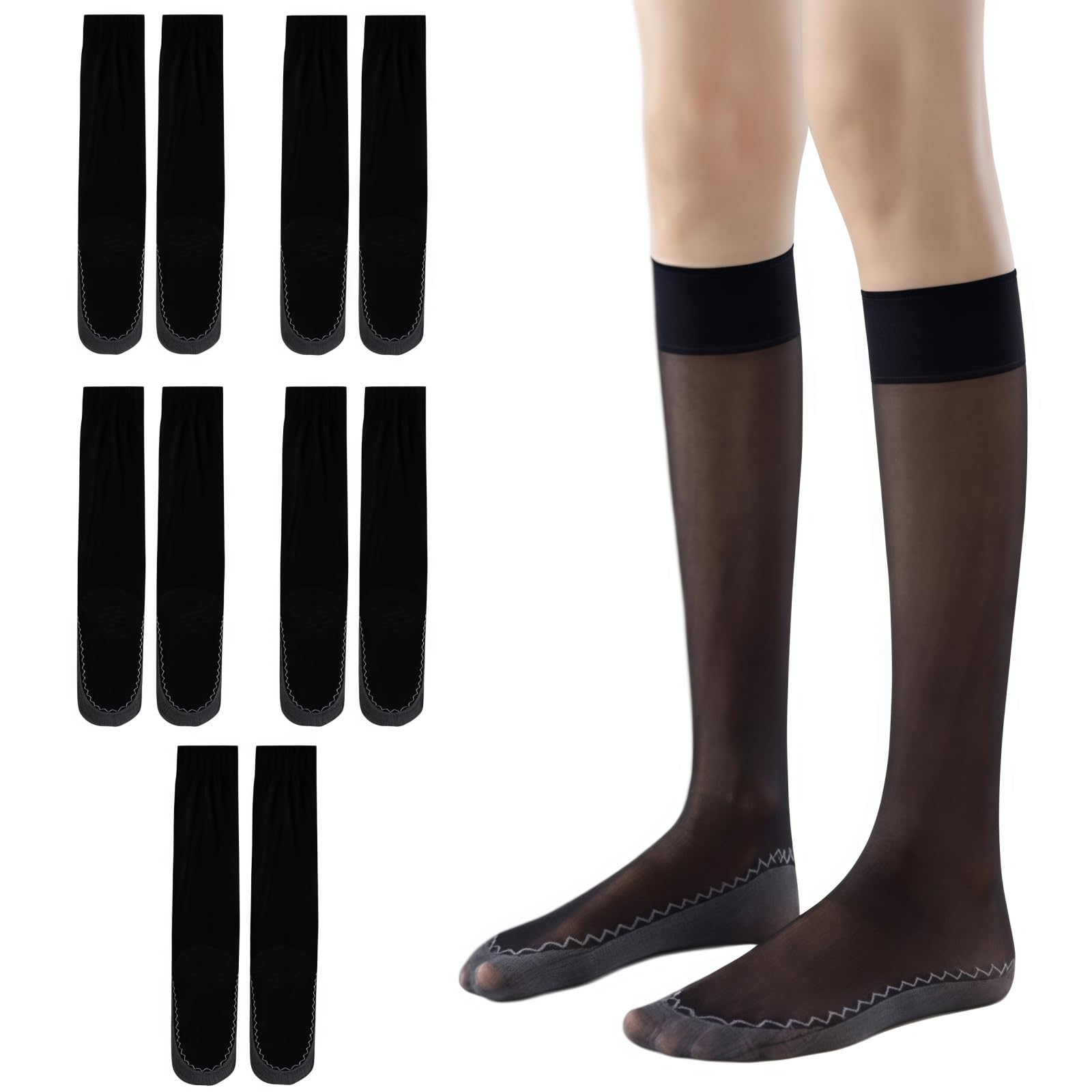 Toukingda Women's Black Pop Socks Knee High Socks 5 Pairs Nylon Knee High Tights Anti-Slip Sole Sheer Stockings For Office Date Travel,