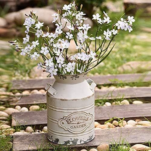 JSY-UP Rustic Metal Flower Vase, Shabby Chic Vintage Farmhouse Jug Vase,Galvanized Milk Can with Handle for Home Decoration -7.9inch