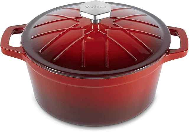 VonShef 3.8L Casserole Dish with Lid - Red Non-Stick Cast Iron Dutch Oven - Round Ombre-Red Enamel Coated Stew Pot for All Hobs and Oven - 25cm