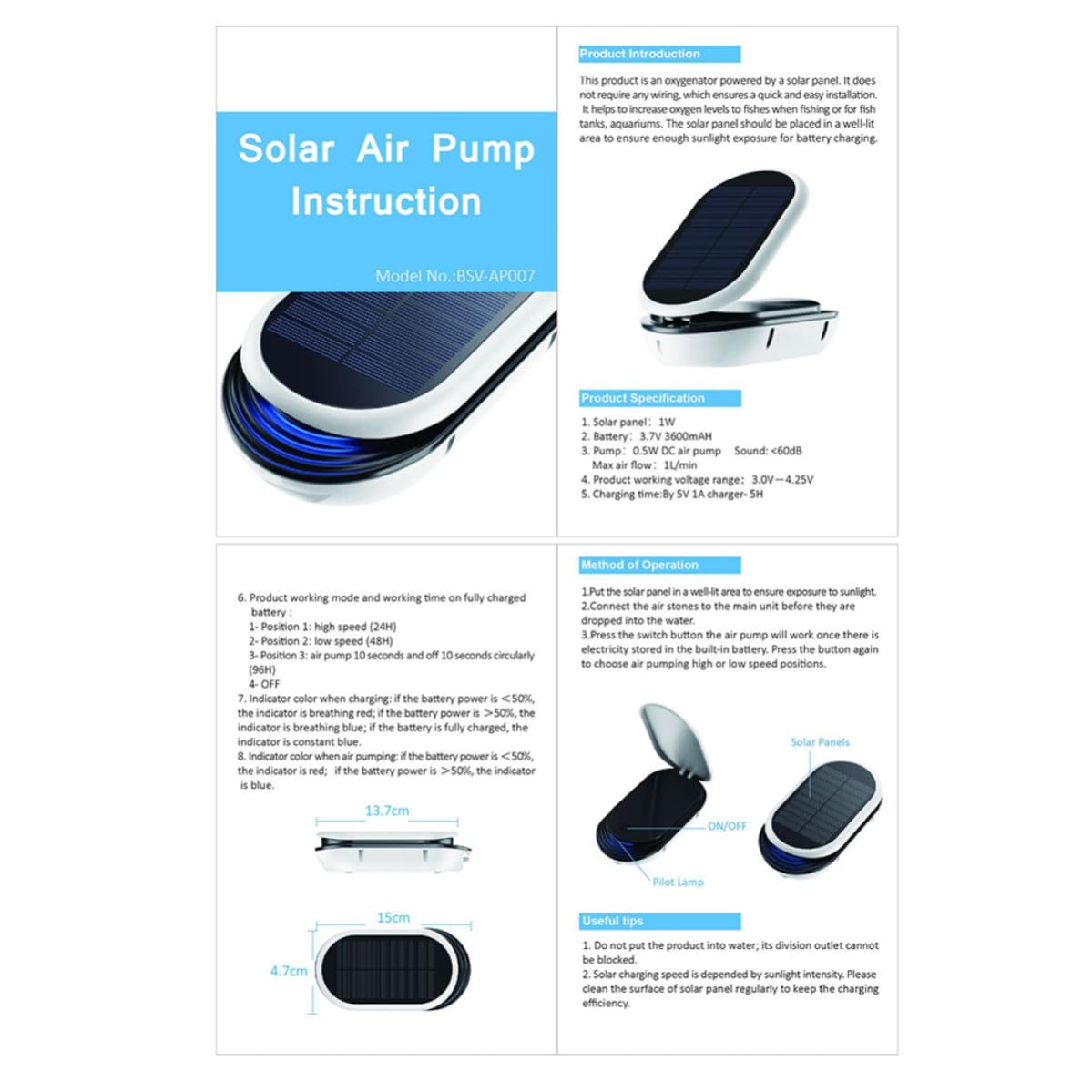 Toddmomy Solarbetriebene Aquarium Luftpumpe mit 3 Modi Tragbare Sauerstoffpumpe aus Kunststoff 3600mah Akku für Outdoor Angeln und Fischbecken
