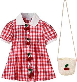 Hopscotch Girls Puff Sleeves Red Checks Cherry Applique Dress with Bag Price In India