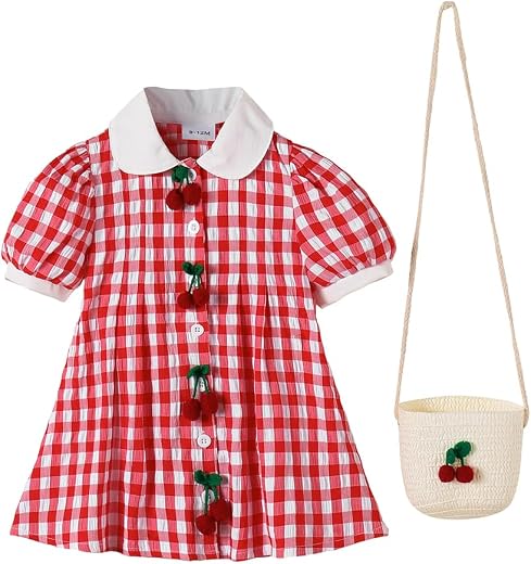 Hopscotch Girls Puff Sleeves Red Checks Cherry Applique Dress with Bag