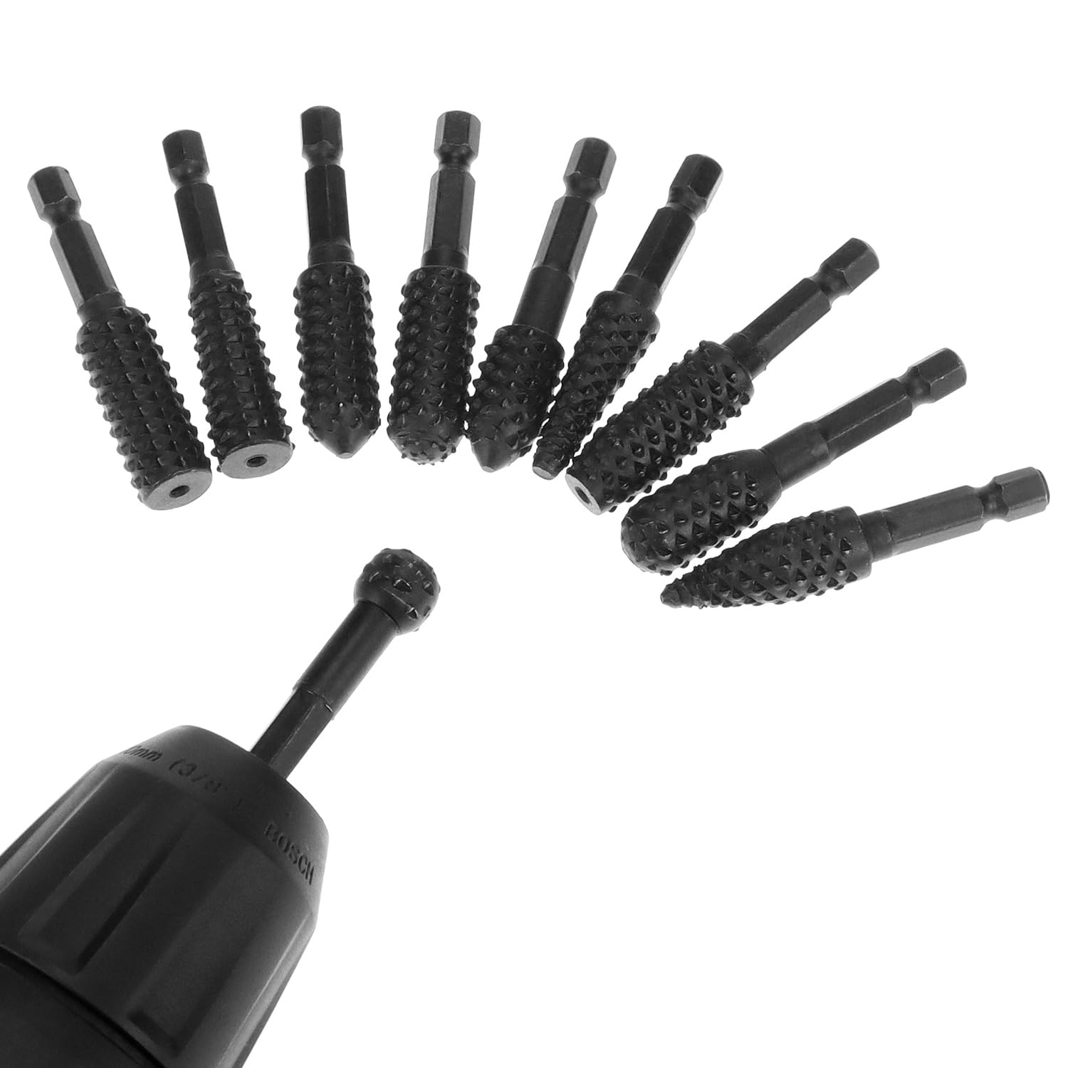 QWORK 10 Pieces Rotary Burr Wood Carving Rasp Files Set - 1/4" Hex Shank, Precision Milled, for Wood Plastic Engraving Deburring — Amazon image 6