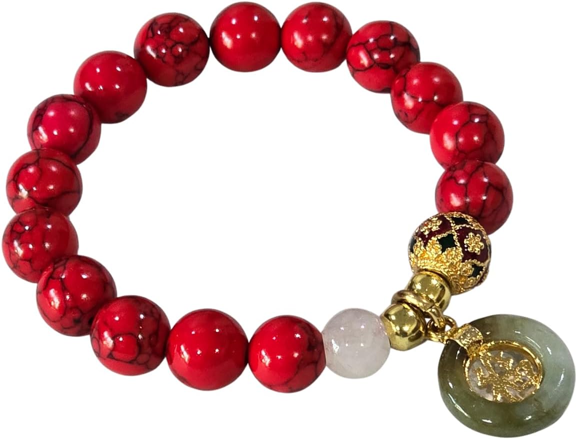 Red Stone Bead Stretch Bracelet with Green Donut Pendant & Cloisonné Bead, Gold‑Tone Lucky Coin Charm, 10.3mm Beads, 6.25 in Inner Length, Gift Box Included