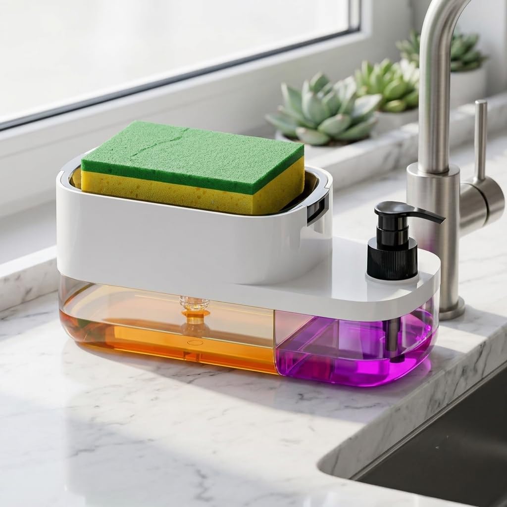 3 in 1 Soap Pump Dispenser with Sponge Holder & Tray for Kitchen Sink | ABS Plastic Liquid Soap Dispense | Compact Countertop Organizer for Kitchen & Bathroom | Multi-Color | Pack of 1-image-8