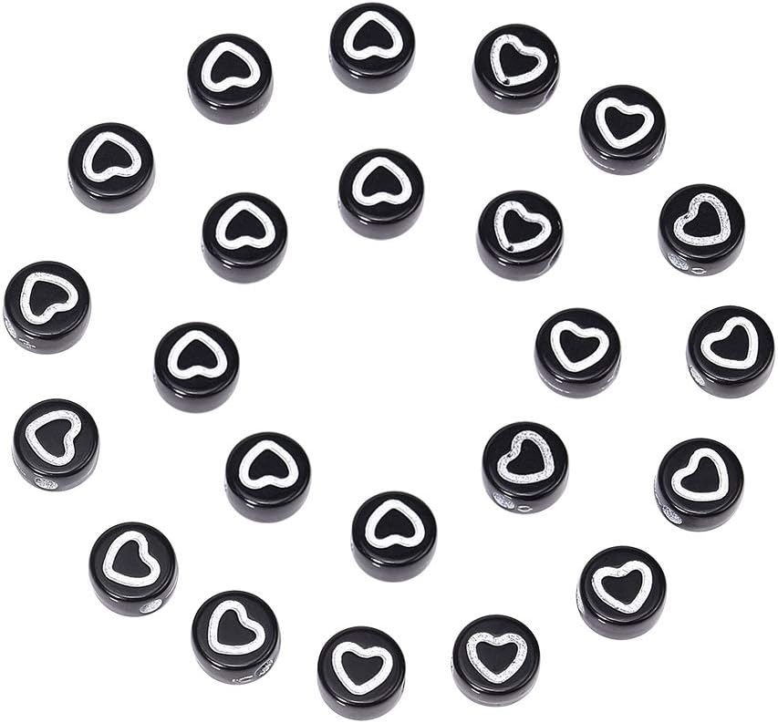 Cheriswelry About 400pcs Acrylic Black White Heart Beads Flat Round Pony Disc Loose Spacer Beads for Jewellery Bracelet Making Hole:1.5mm