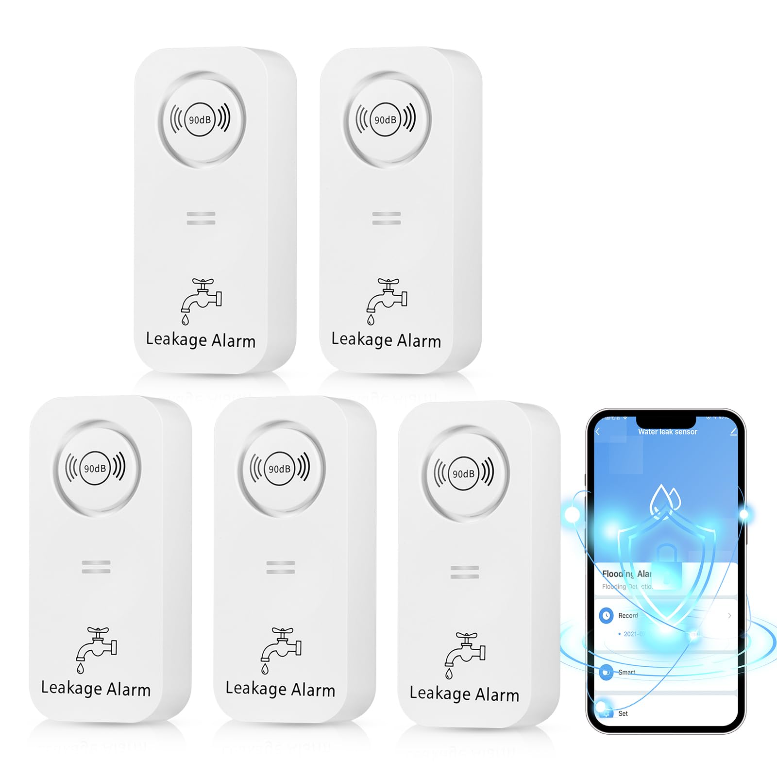 Wassermelder WLAN(2,4 G WiFi), 90 dB Wassersensor Alarm und App Alarm, kabelloser Wasseralarm, WiFi Wassermelder Wasseralarm für Rohre, Schlafzimmer, Küche, Badezimmer, Keller (5er-Pack)