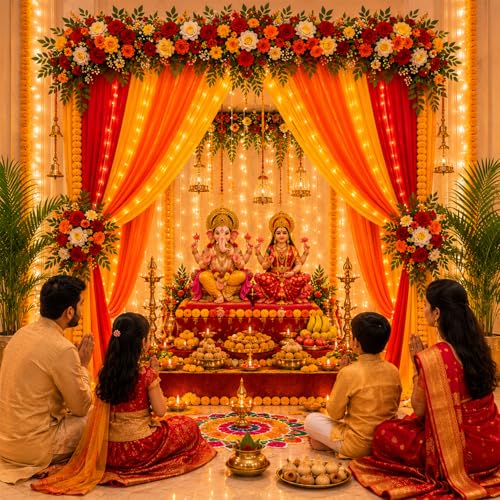 Image of Party Propz Backdrop Decoration with Fairy Light - 8 Pcs Haldi Decoration Items for Home, Backdrop Cloth for Decorations Pooja, Background Decorations Cloth for Festival, Puja (Satin Mix)