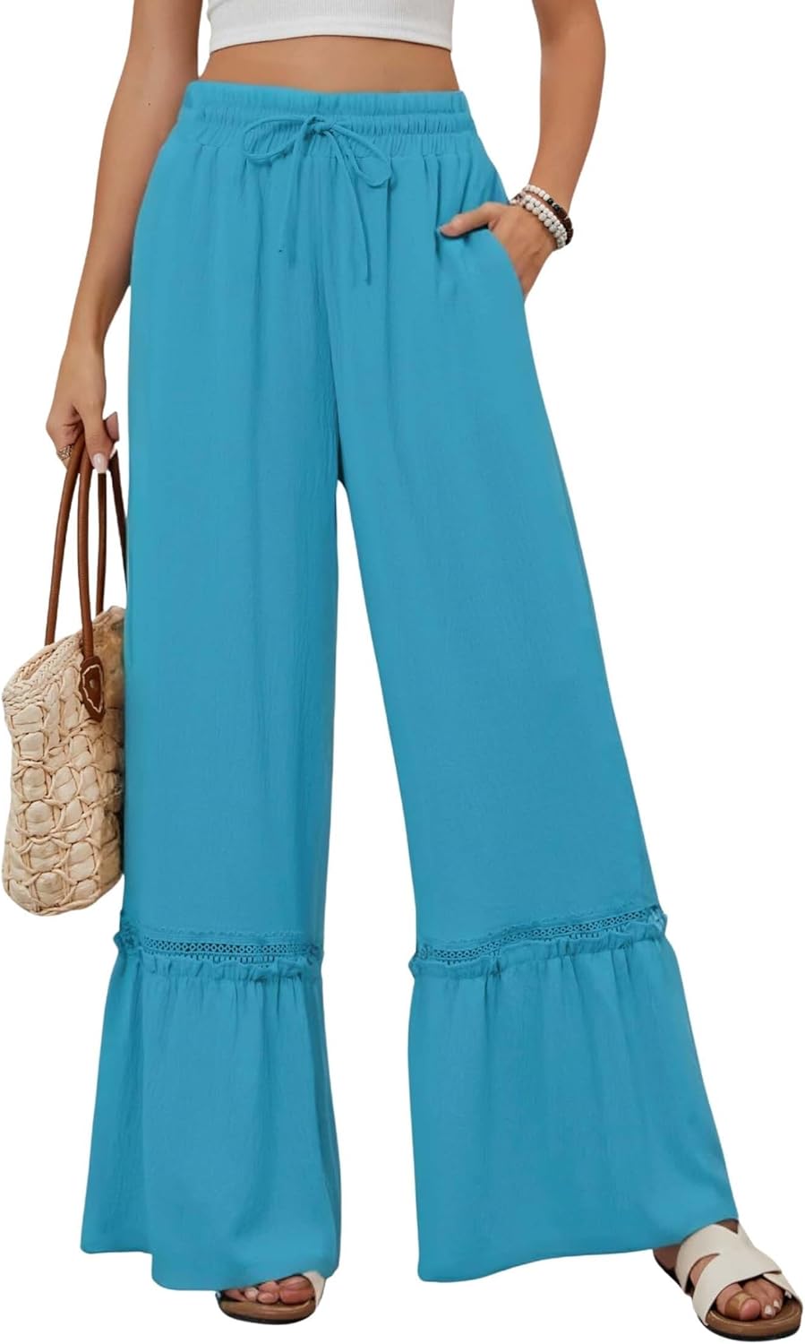 LIZALIG Womens Elastic High Waist Wide Leg Ruffle Loose Beach Palazzo Pants