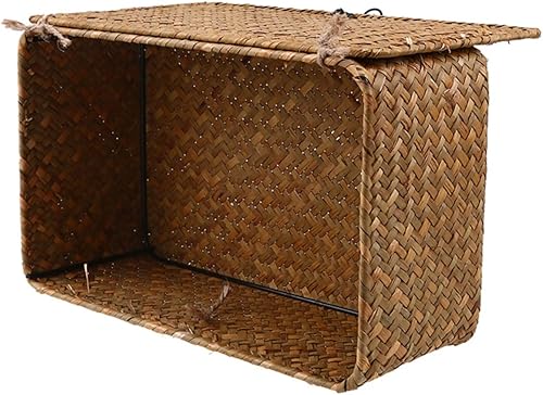 Cesta de almacenamiento de algas marinas tejida a mano con tapa de botón, organizador de escritorio de paja tejida para escombros y accesorios