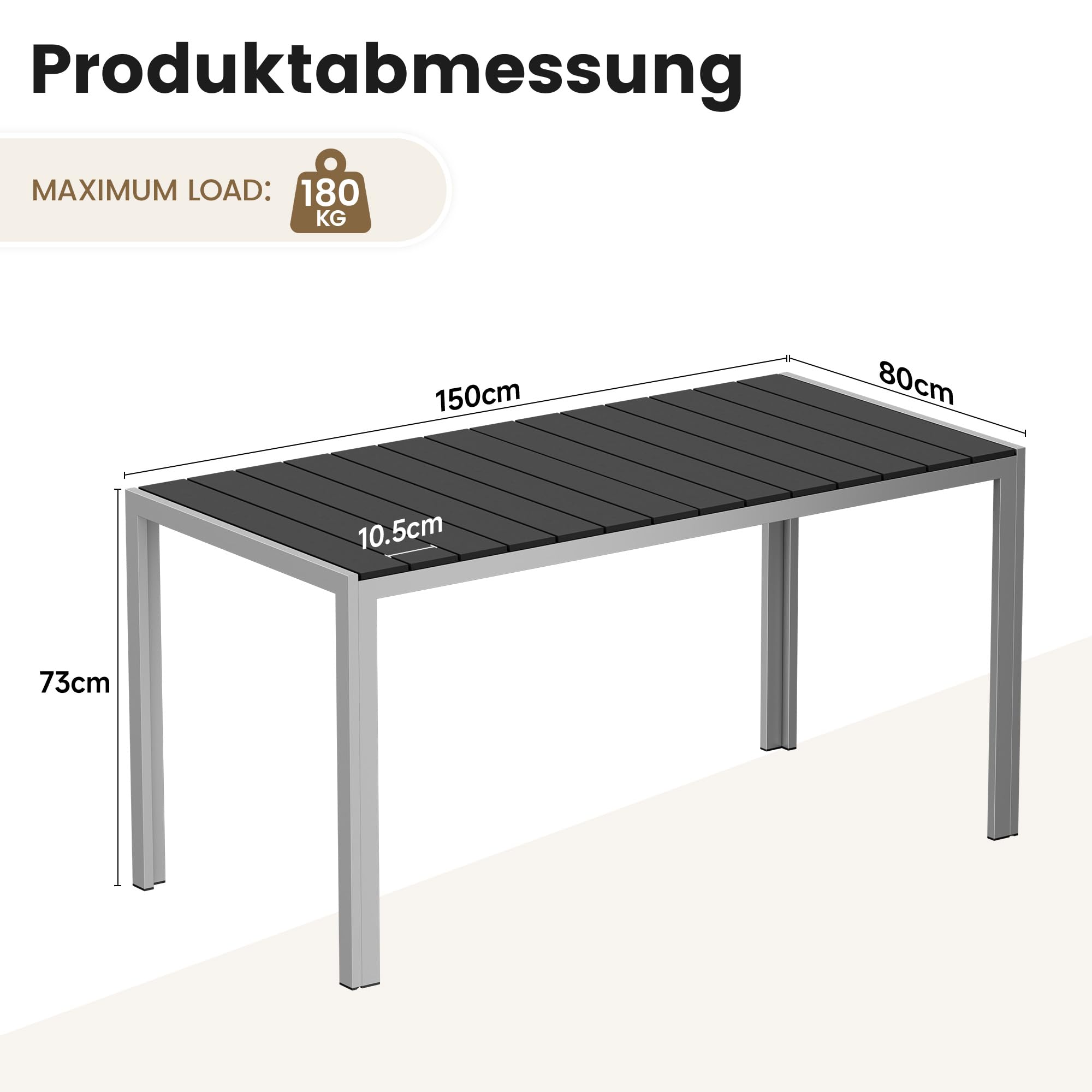 Amopatio Gartentisch Wetterfest 150×80 cm, WPC Balkontisch Aluminium, Rechteckiger Terrassentisch UV-beständig Gartenmöbel für Garten & Outdoor, Moderner Esstisch Grau-Grau
