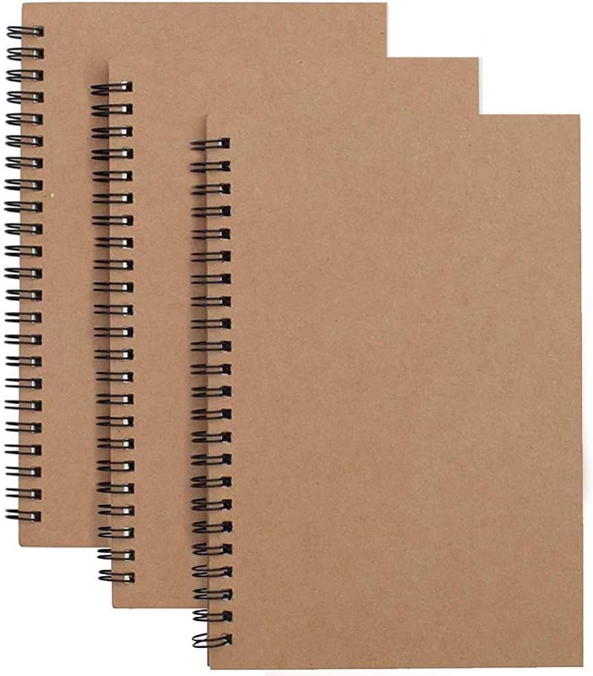 A5 Sketchbook 3 Pack,Soft Cover Spiral Notebook Kraft Cover Blank Sketch Pad,100 Pages/ 50 Sheets White Cartridge Paper Perfect for Travel(Brown)