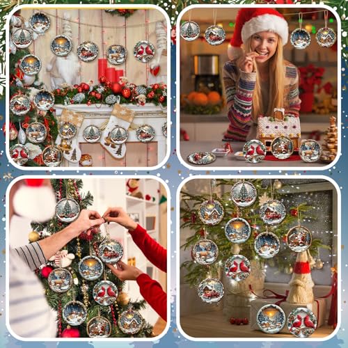 Image of Vercraft 24 Pcs Christmas Wooden Ornaments for Christmas Tree Vintage Round Xmas Decorations 3D Cardinal Snow Scenery Ornaments Santa Claus Scene Hanging Decoration for Winter Farmhouse Home Party