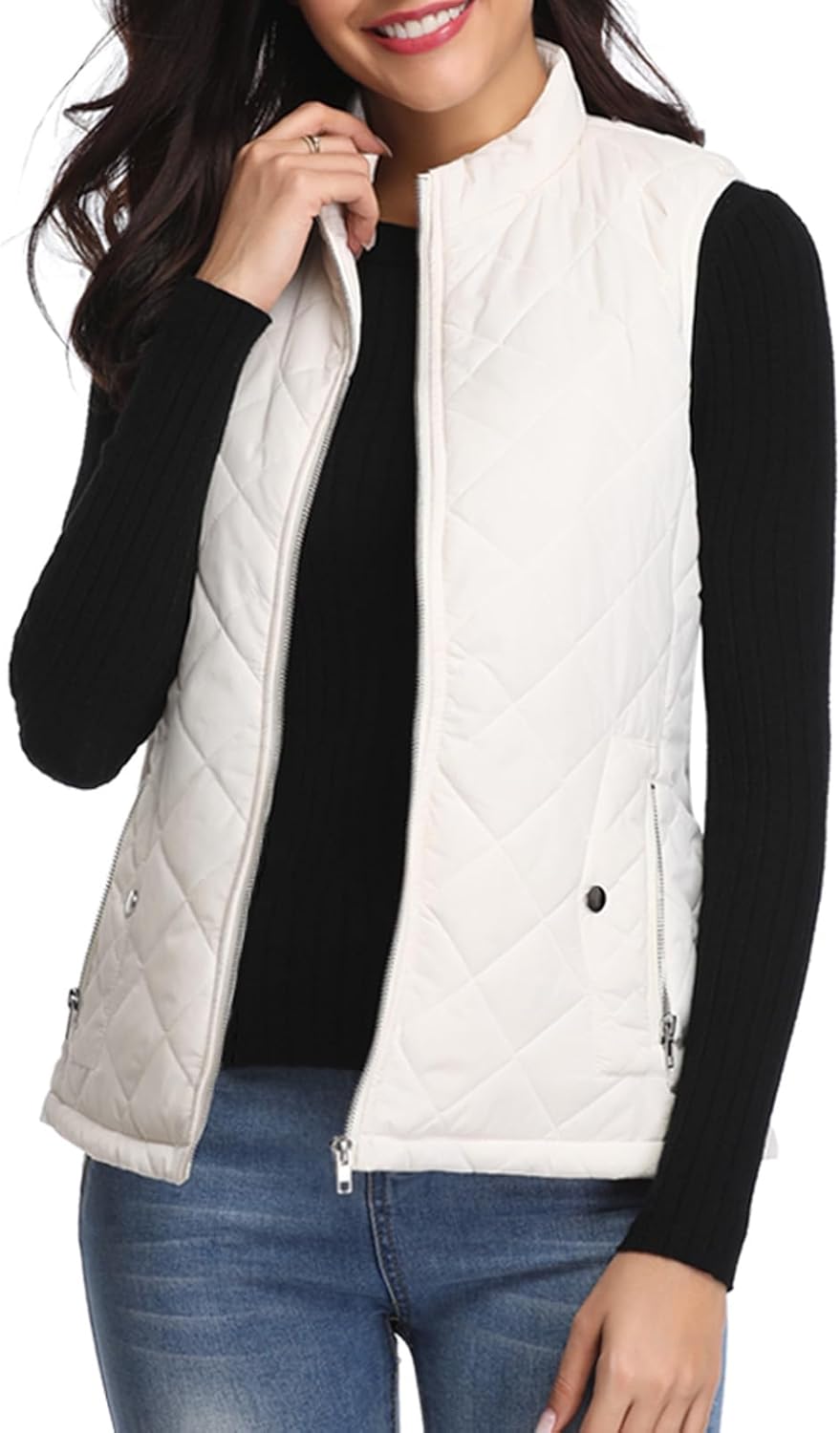 Fuinloth Women's Quilted Vest, Stand Collar Lightweight Zip Padded Gilet Medium White