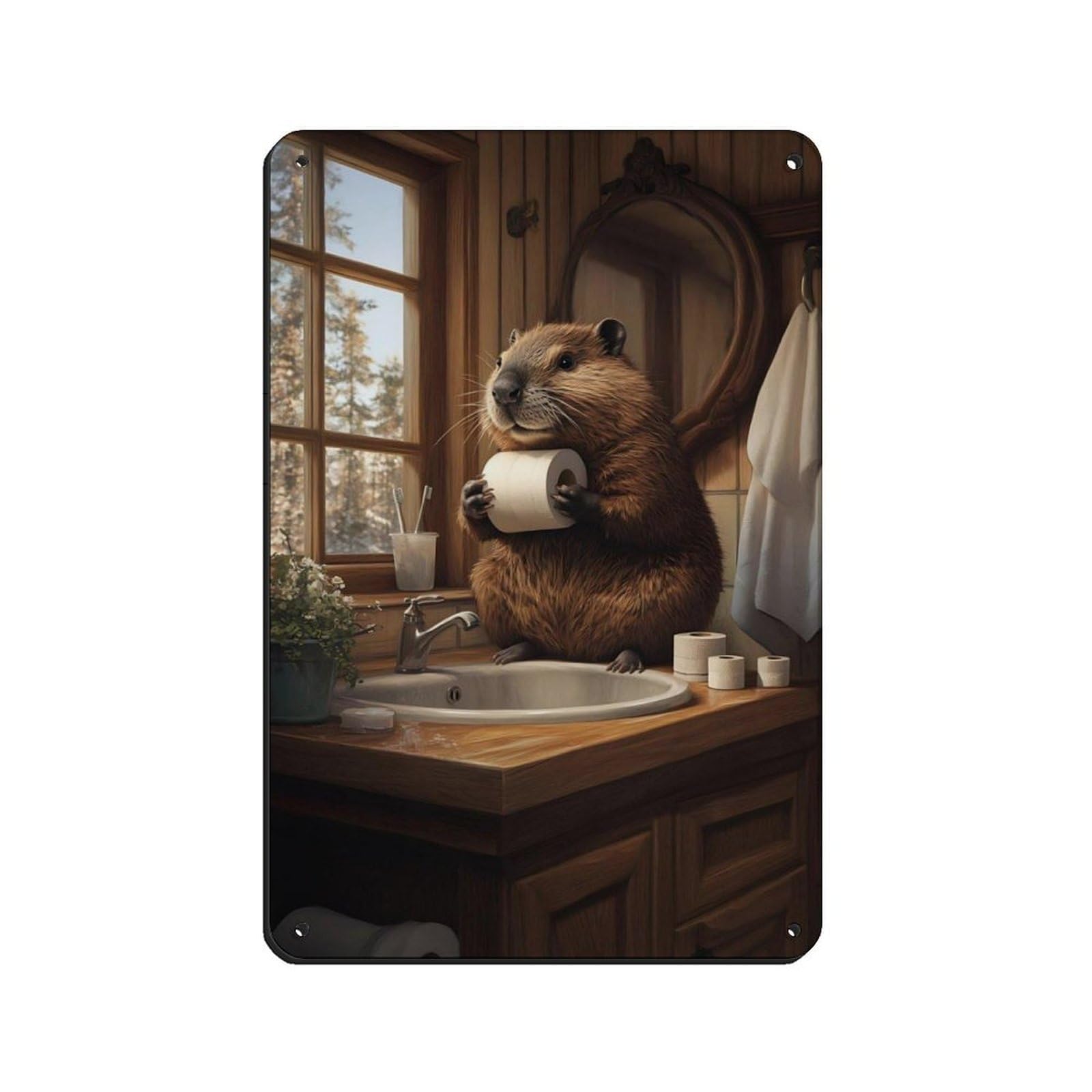 Cute Beaver Holding Toilet Paper Retro Poster Metal Tin Sign Chic Art Retro Iron Painting Bar People Cave Cafe Family Garage Poster Wall Decoration 8x12inch(20x30cm)