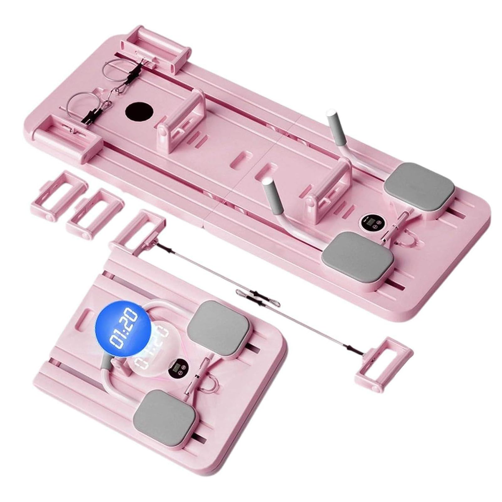 Pilates Reformer Board, macchina portatile pieghevole per esercizi addominali con timer intelligente, supporto per gomiti, fasce di resistenza e rullo per addominali per allenamenti a casa