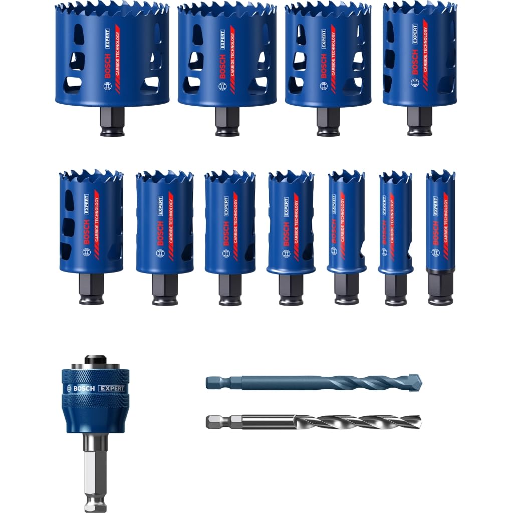 Bosch Professional 2608900448 14x Set di Seghe a Tazza Expert Tough Material (Accessorio Trapano a Percussione), Blu, Set Ø 20/22/25/32/35/40/44/51/60/68/76 mm