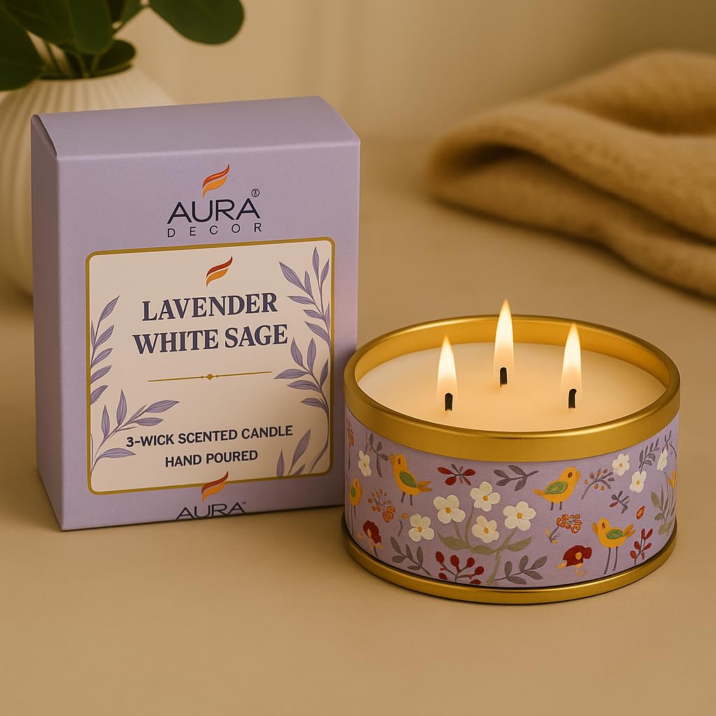 AuraDecor 3-Wick Scented Tin Candle | Premium Gift Set | Hand Poured Soy Blend | Long Lasting | Home Fragrance | Relaxation & Decor (Lavender White Sage)-image-35