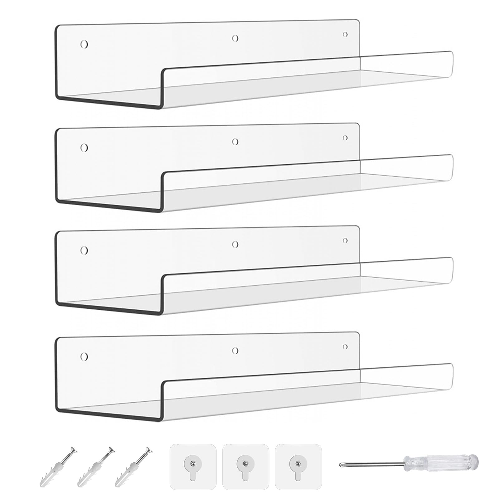 Clear Acrylic Floating Shelf - 4 Pack 30cm Self Adhesive Acrylic Bathroom Floating Shelves for Wall No Drilling, Morden Shelves Wall Mounted, Kids Bookshelf, Display Ledge for Bedroom, Living Room