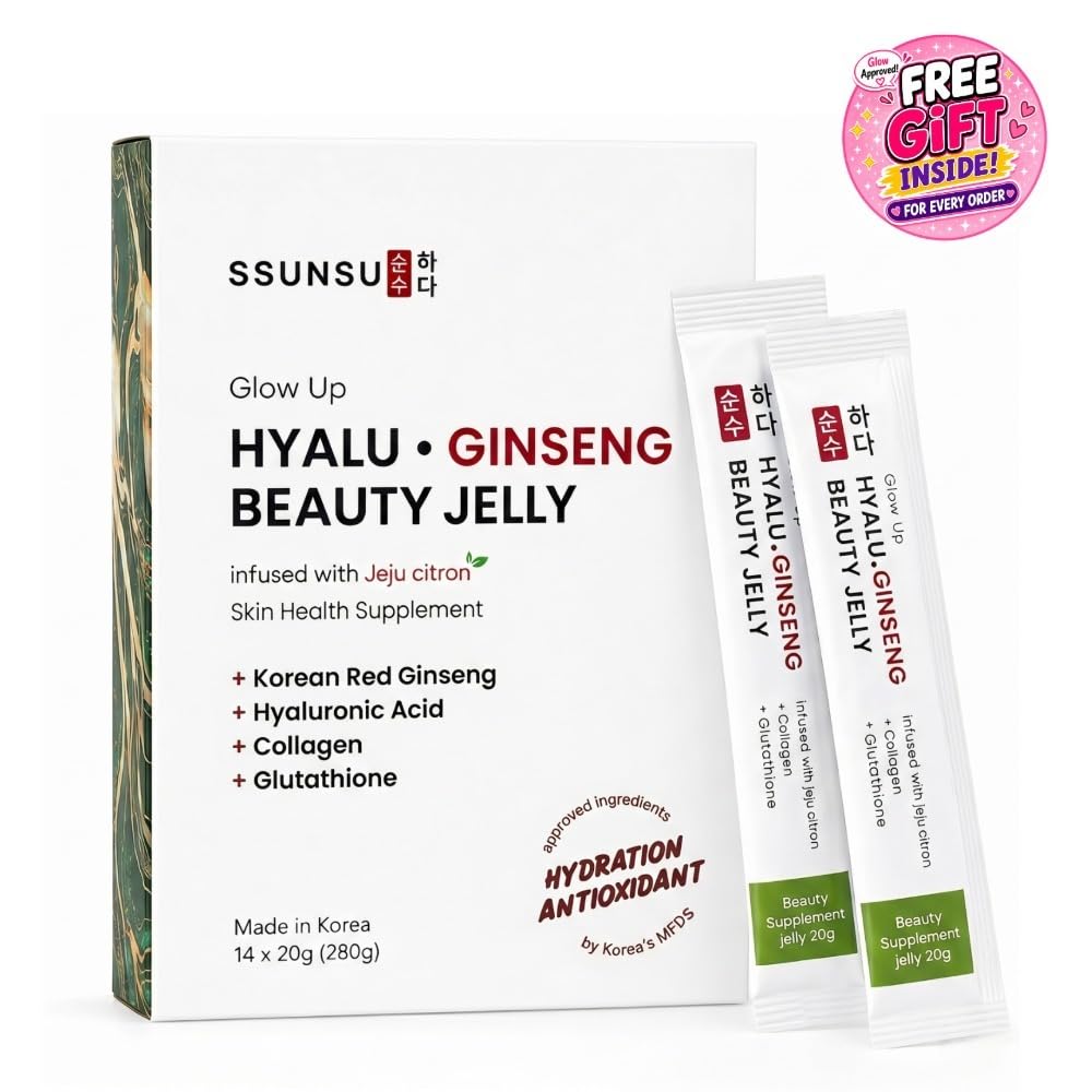 beauty up glutathione Glow Up Hyalu Ginseng Beauty Jelly (Box of 14 Jelly Sticks) | Korean Ginseng Jelly with Hyaluronic Acid, Collagen jelly sticks & Glutathione for Hydrated, Glowing Skin