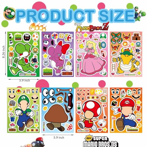 Image of 32 Sheets Mario Make a Face Stickers, Cartoon Book Crafts for Kids, DIY Party Supplies Favors Your Own Mixed and Matched with Different Designs Characters Birthday Gifts Class Reward Decor 13+