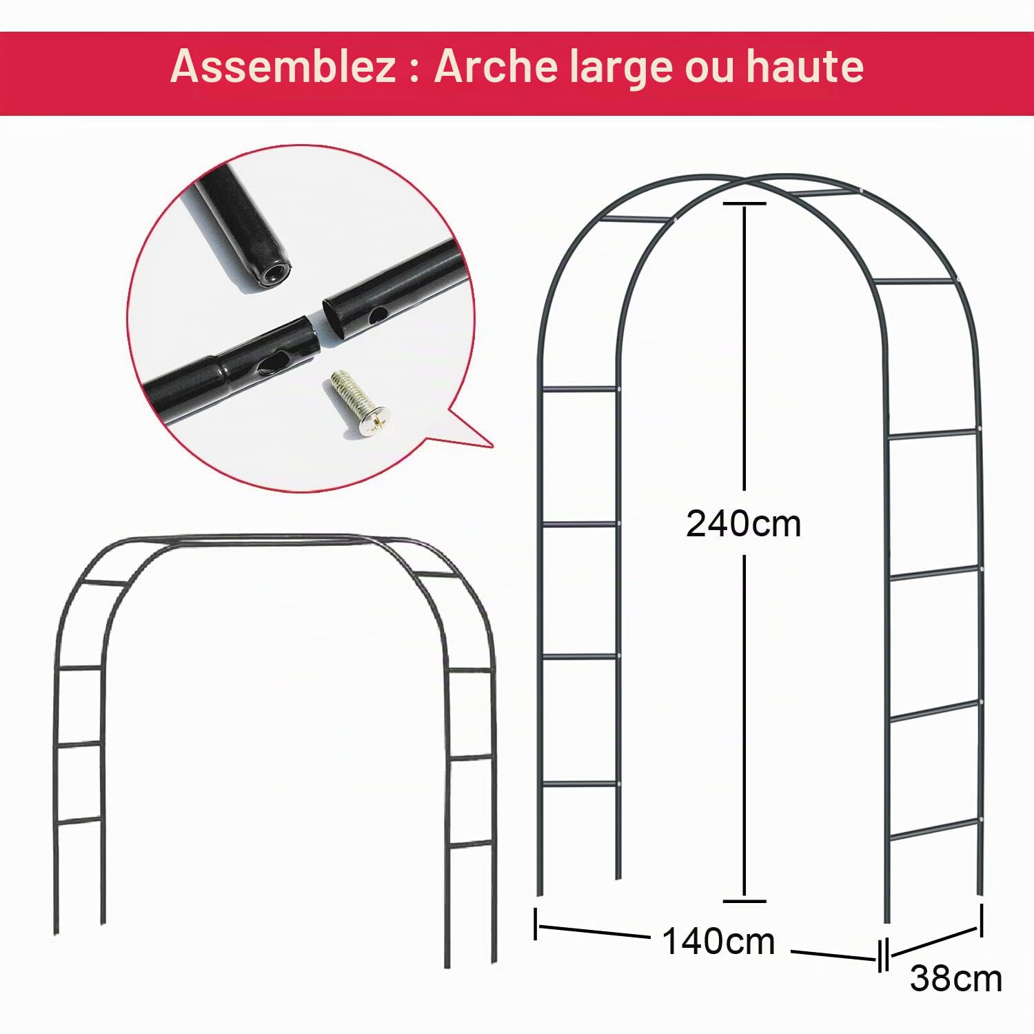 Forever Speed Arche de Jardin/Mariage en Métal - Arceau à Rosiers, Tuteur, Colonne pour Plantes Grimpantes - 240 x 140 x 38 CM - Noir