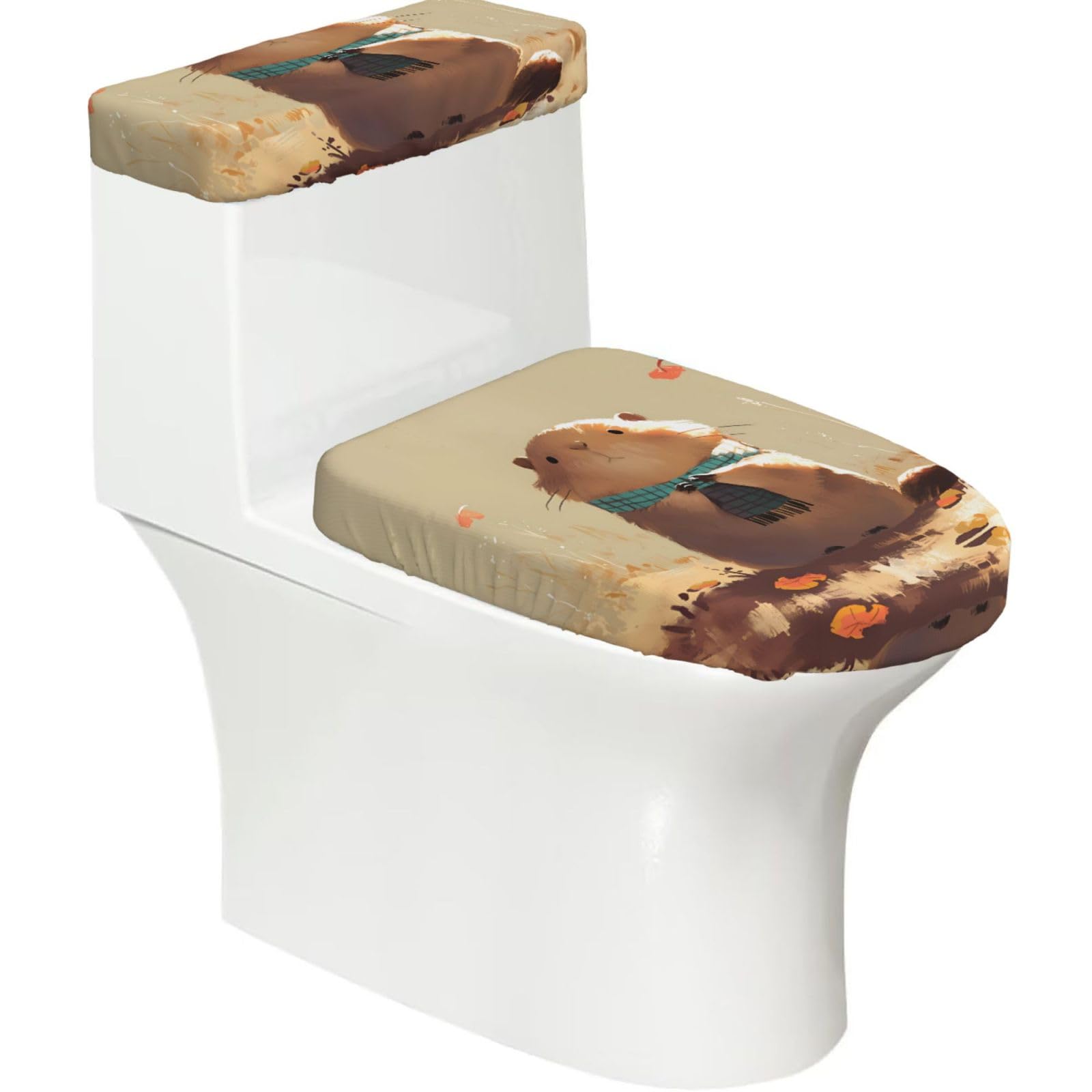Autumn Guinea Pig 2-Piece Toilet Seat Cover Set with Tank Lid, Elastic Fit for U-Shape & Elongated Toilets, Bathroom Decor, Housewarming Gift