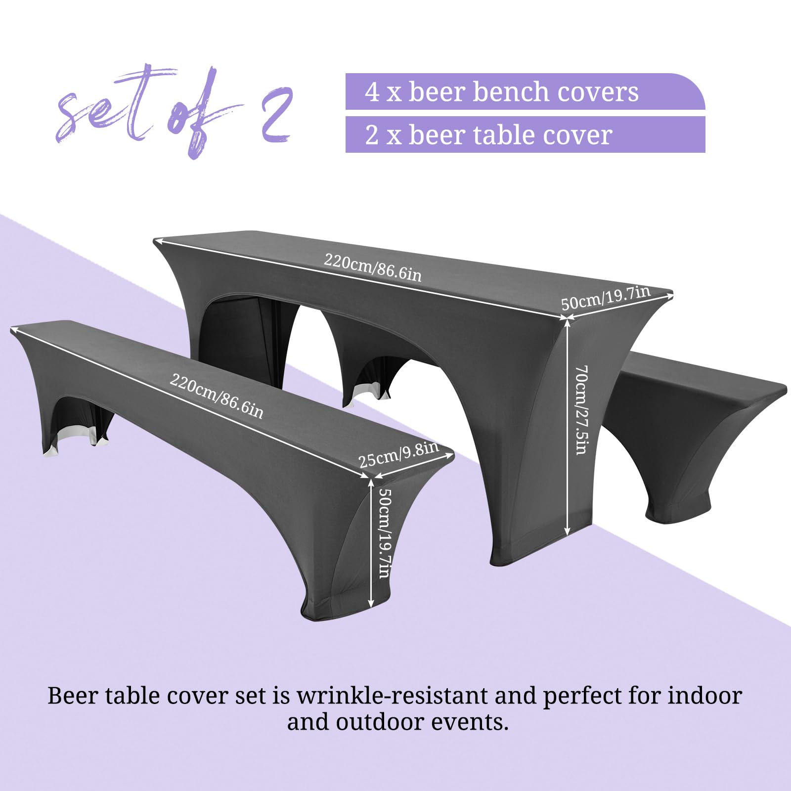 Showgeous 3 Stück dunkelgraue Biertischhussen Stretch-Biertisch- und Hockerhussen-Set für 50 cm Tischbreite Bierzelt-Set 220 x 50 x 80 cm für Bankett-Gartenmöbel im Freien (6er-Pack)