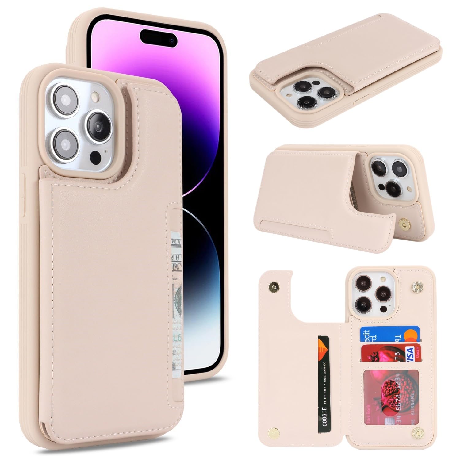 iCoverCaseCompatible with iPhone 14 Pro Max Wallet Phone Case with Card Holder for Women Men, RFID Blocking PU Leather Case 6.7 Inch (Beige)