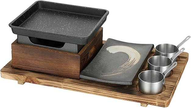 Japanese Portable BBQ Grill Set, Barbecue Alcohol Barbecue Stove, Non-Stick Baking Pan Dinner Plate Seasoning Cups and Wooden Base Set for Indoor Outdoor Picnic Cooking7.5" x 6.7", B