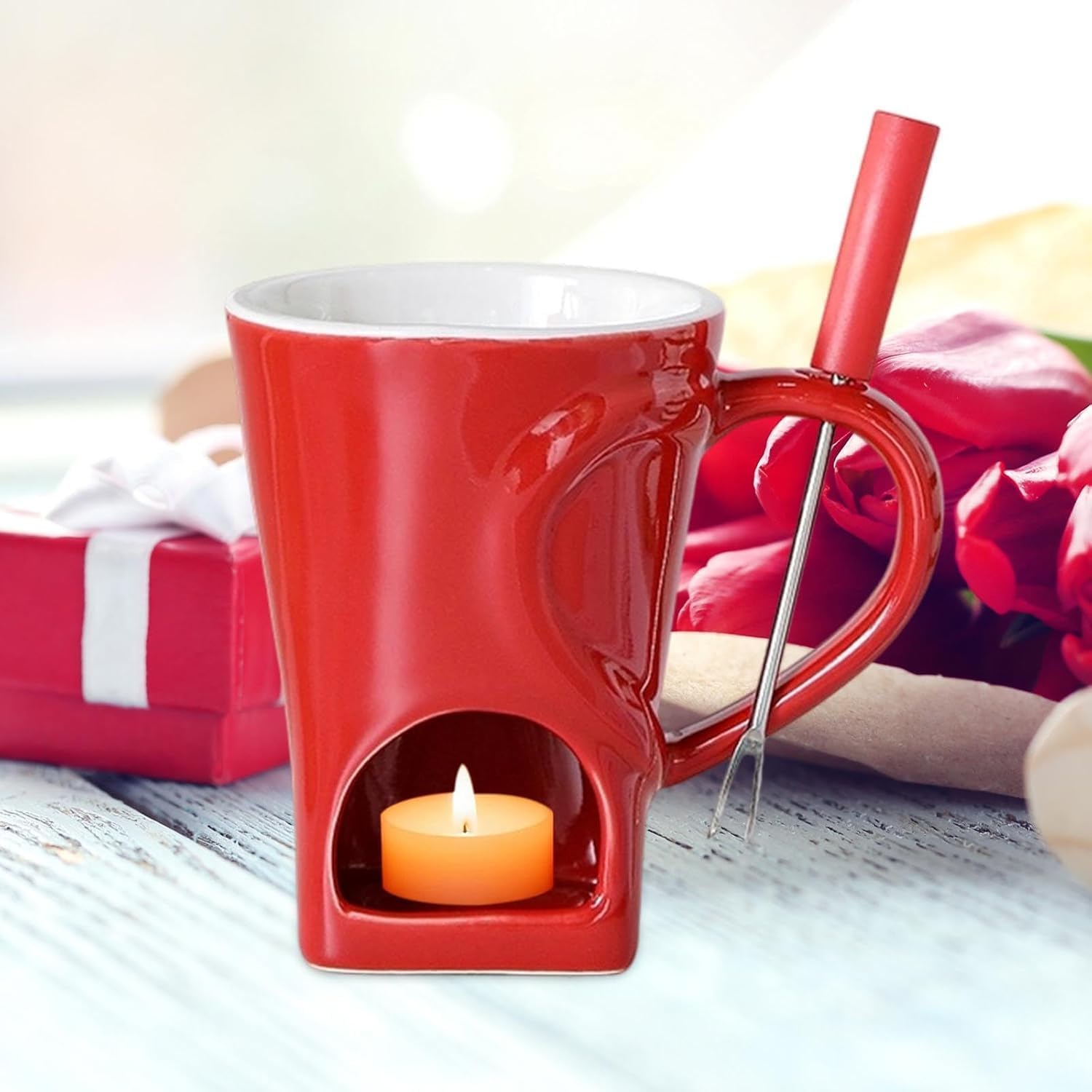 Valentine's Day Mini Ceramic Fondue Mug with Fork - Perfect Dipping Cup for Romantic Desserts and Sweet Treats