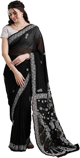 Ada Indian Hand Embroidered Georgette Lucknow Chikankari Saree with Unstitched Blouse Piece for Women - Saree_2290