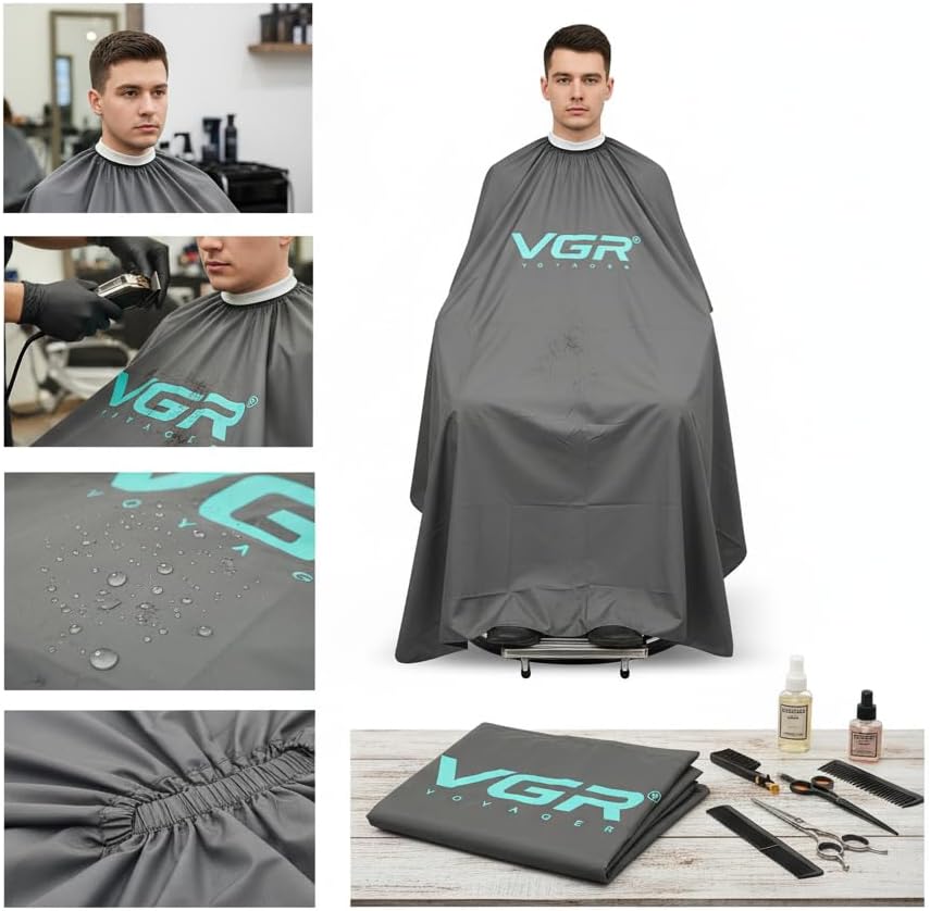 VGR Professional Barber Cape, Waterproof Hair Cutting for Men with Elastic Neckline Adjustable Closure Barber Accessories, Unisex Nylon Material Hair Stylist Apron, for Home and Salon, Black