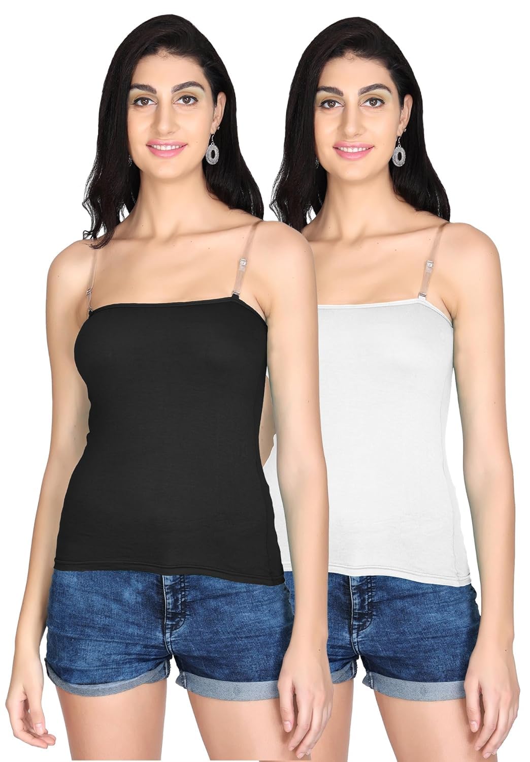 OK INTERPRISES Women's Cotton Camisole Slip Adjustable Transparent Strap Pack of 2 (Size by 28-34) White - Black-picture-36
