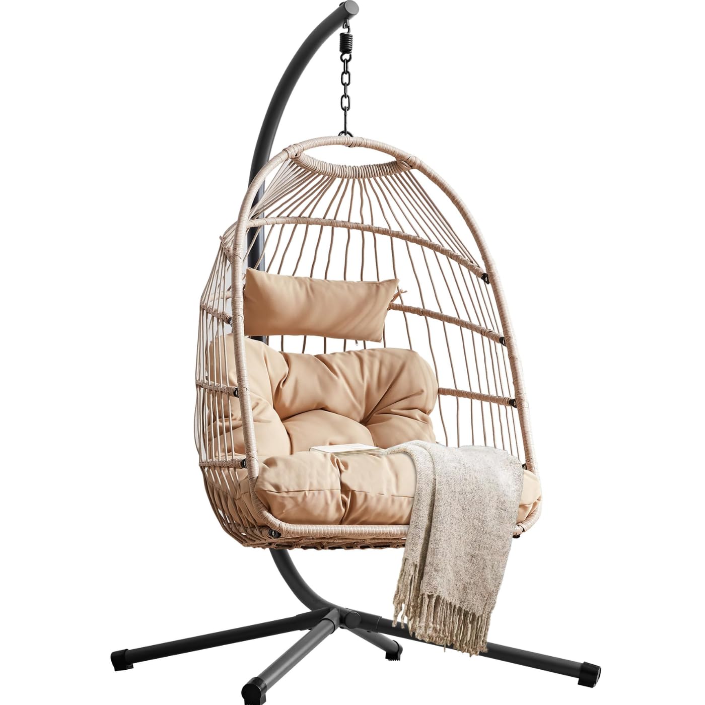 Blisswood Swing Egg Chair, Rattan Hanging Egg Chair With Cushion, Foldable, Outdoor Indoor, Garden Patio Hammock Chair With Stand & Adjustable Height, upto 160 Kg Weight Capacity (Natural)