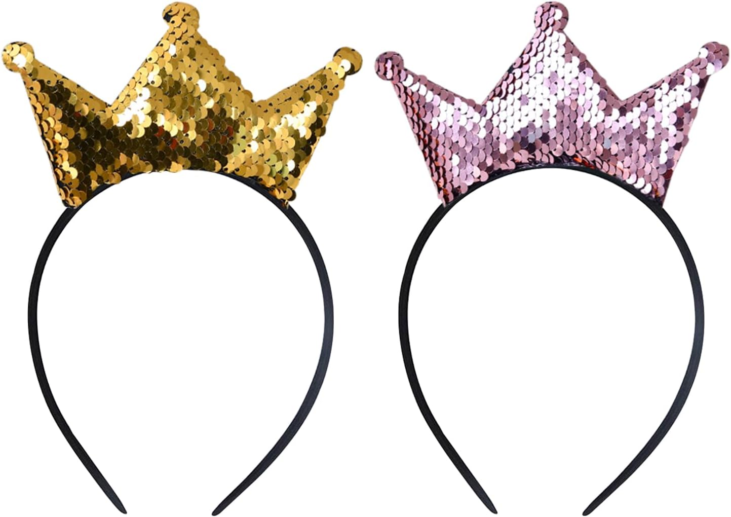 2PCS Gold Crowns and Headbands for Women, Girls, Adults and Kids - Birthday and Christmas Party Hair Ties, Glitter and Sequin Accessories