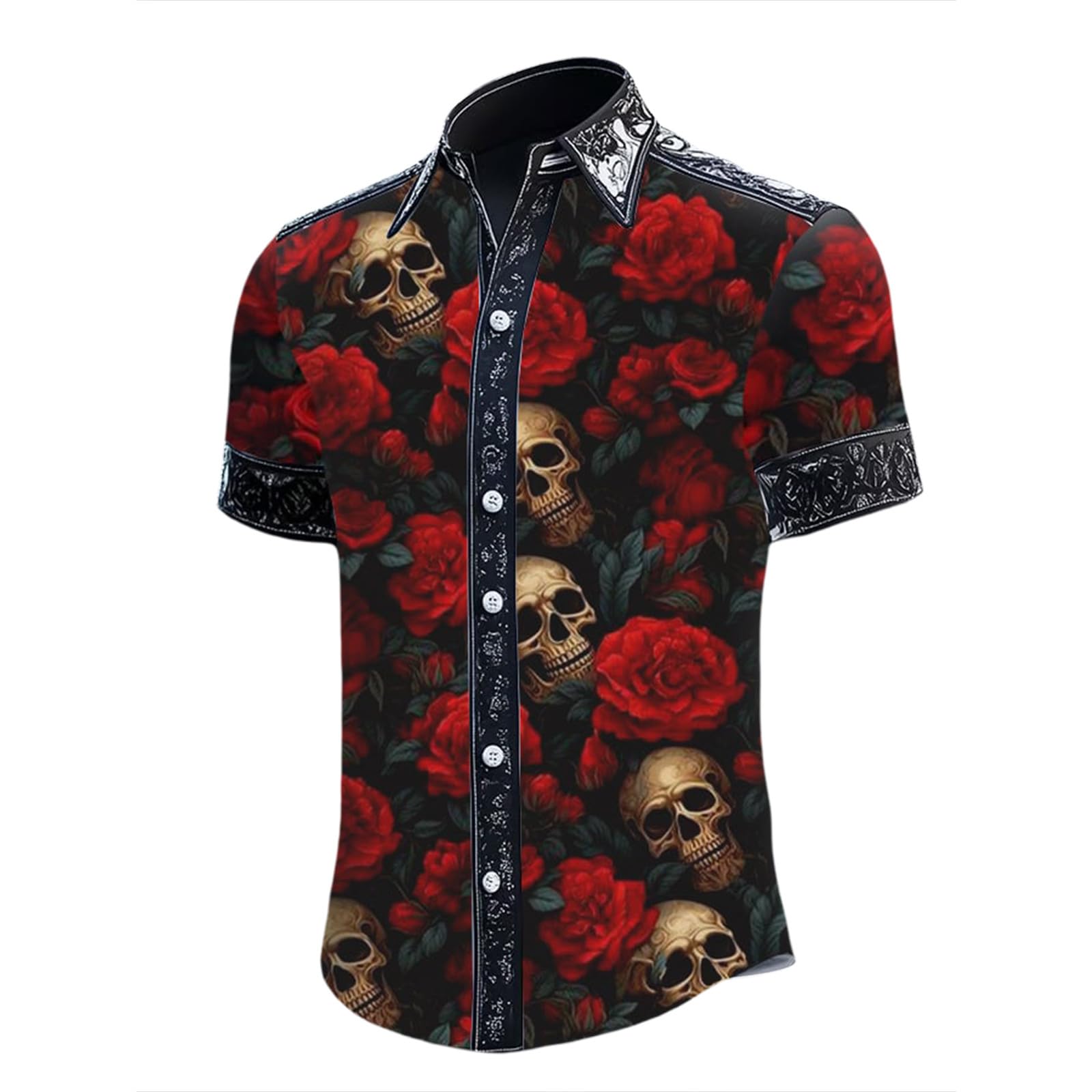 Zanisouta Halloween Costume Men's Short Sleeve Summer Shirt Gothic Casual Shirt Horror Skull Printed Blouse Lapel Button Shirt Blood Splatter Tops Funny Outfit Carnival Party Shirt, O Dark Grey, L