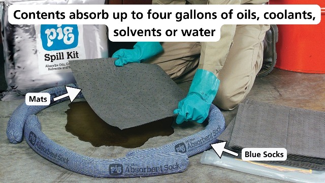 Image of PIG Spill Pack, Spill Clean Up, 4-Gallon Absorbency, Absorb Oil, Coolant, Solvent & Water Spills, KIT261