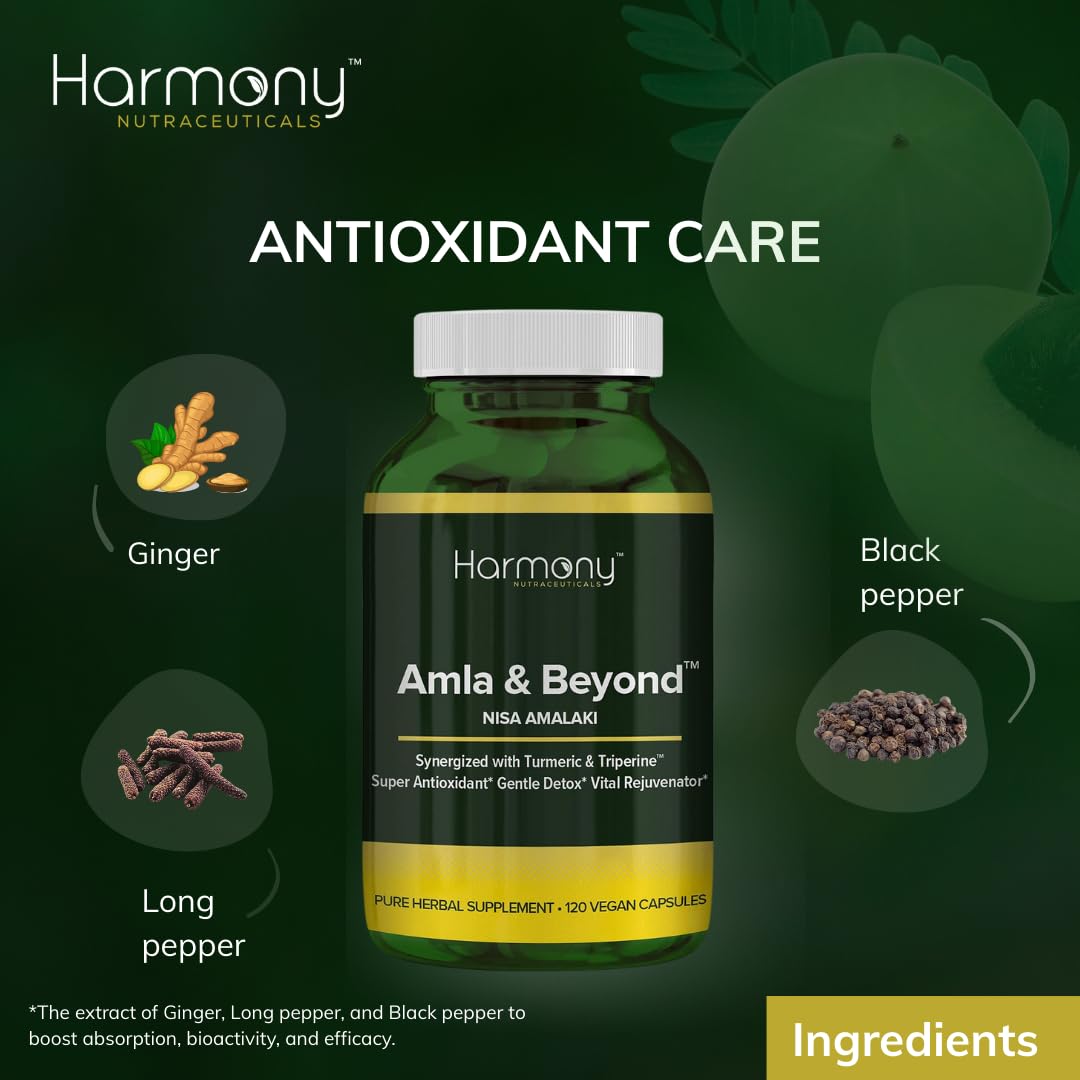 Harmony Nutraceuticals Amla & Beyond™ (Nisa Amalaki) Traditional Ayurvedic Herbal Formula with Amla, Turmeric & Triperine™, Vegetarian,120 Vegan Capsules I Made in USA — Amazon image 3