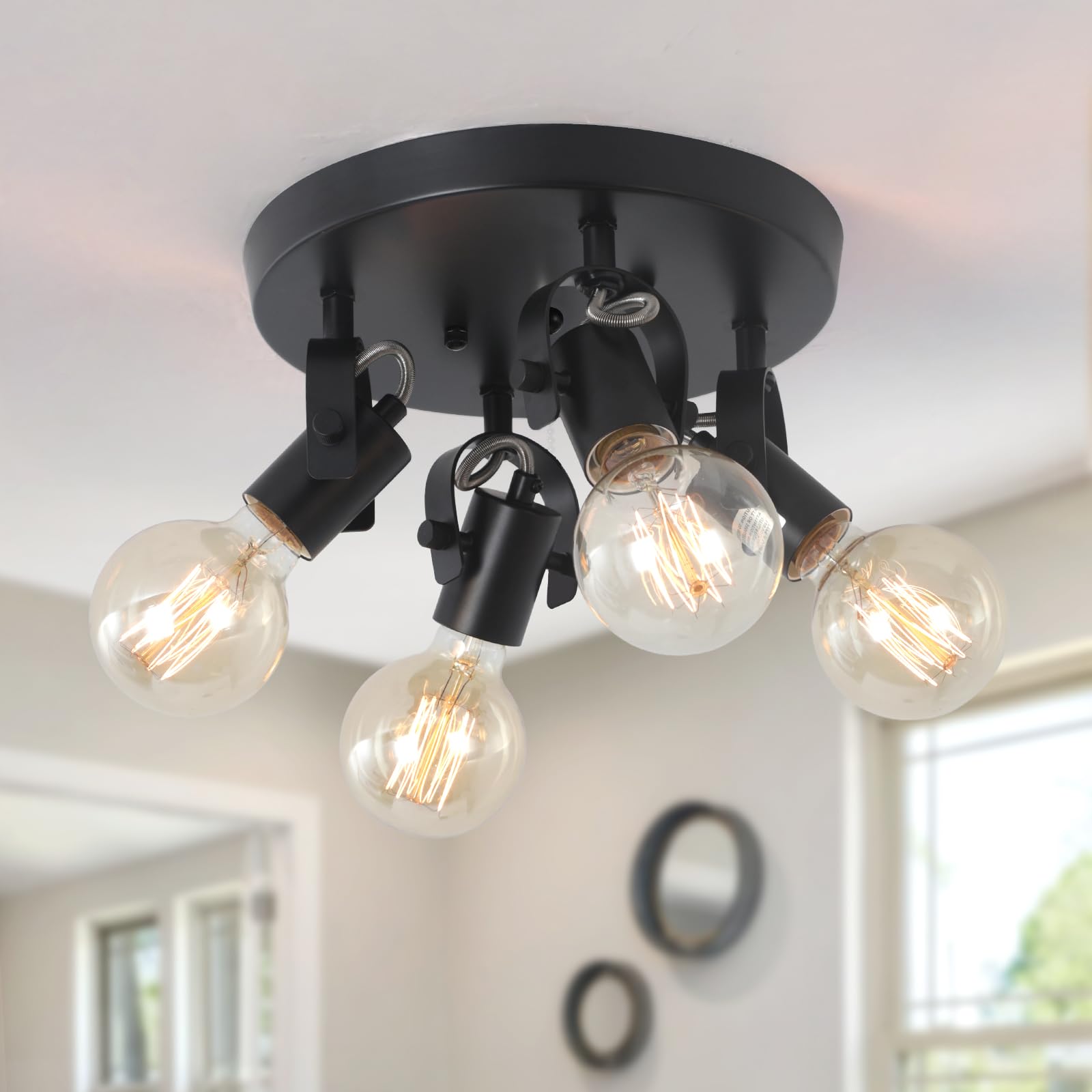 MUEOF 4-4-Light Adjustable Ceiling Spotlights, Kitchen Lighting Ceiling Lights, Living Room, Bedroom, 350° Rotatable Black Ceiling Light Fitting, E27 Bulb Not Included