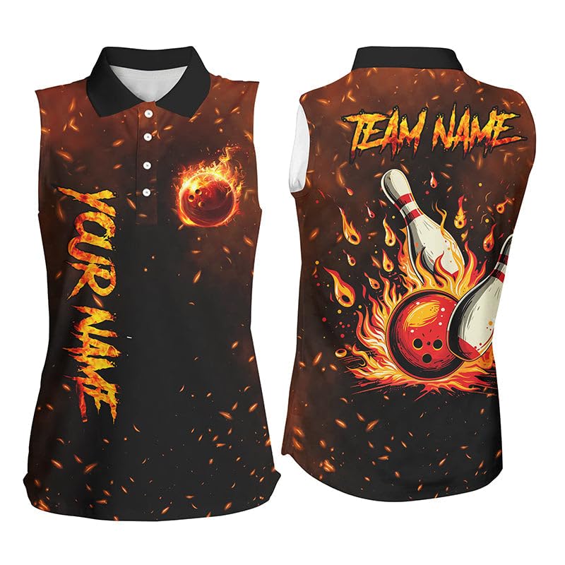 Personalized Bowling Shirts for Women, Womens Bowling Shirts, Flame Bowling Jerseys for Women Custom Bowling Sleeveless Polo Shirts for Team, Gift for Bowlers, Bowling Jersey for Women, Bowling Women
