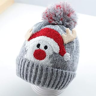 Knitted Hat Kids, Cable Knitted Bobble Hat, Boys Girls Beanie Warm Winter Wooly Cap with Pom Pom and Plush lining for Christmas, 46-50cm for Christmas Fit Outdoor Sport