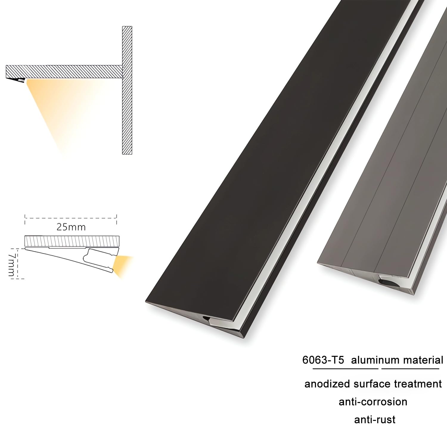 6 sztuk, 1 m, ultracienki czarny profil aluminiowy LED do oświetlenia ukośnego 45°, niewidoczny design, do szafy i szafy, system kanałów świetlnych, 1 m, twardy drążek