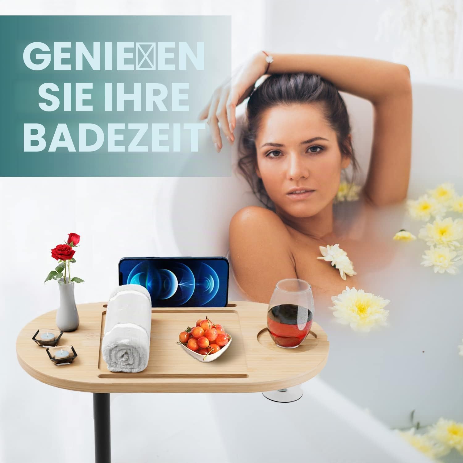 Bambus-Badewannen-Tablett mit Stabiler Basis und Dicker Metallhalterung, verstellbare Höhe, perfektes Badezimmer-Wannenzubehör, Nachttisch, Sofa-Beistelltisch, Geschenk für Frauen, Männer