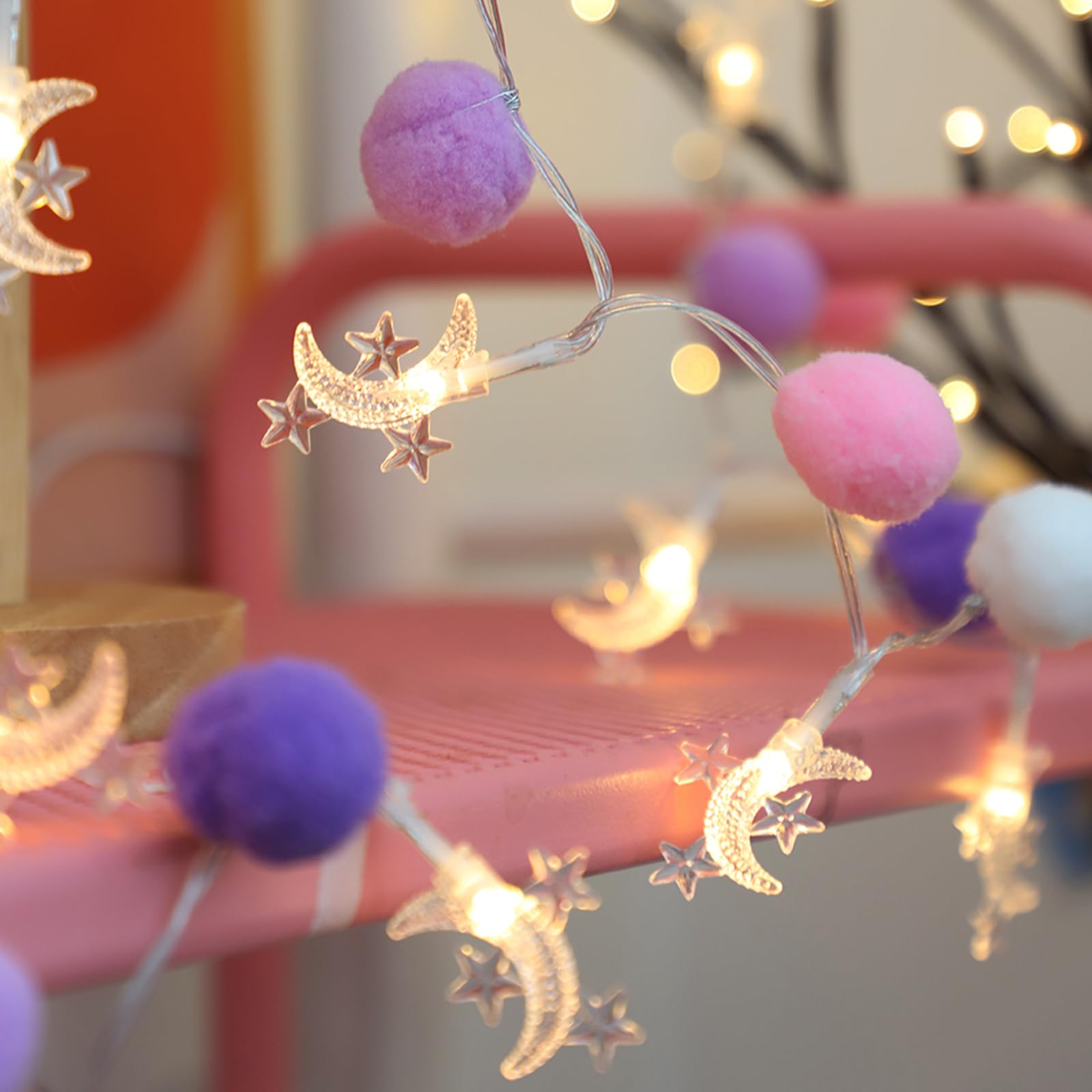 ChiRee Indoor String Lights 6.56 Feet Pom Poms Moon Lights 20 LED Battery Operated String Fairy Lights Warm White Globe Lights Colorful Decor Lights for Home Bedroom Kids Playhouse Holiday Christmas