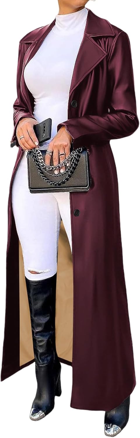 Tcremisa Womens Long Leather Jacket Long Sleeve Single Breasted Faux Leather Trench Coat Mid Length Motorcycle Coats