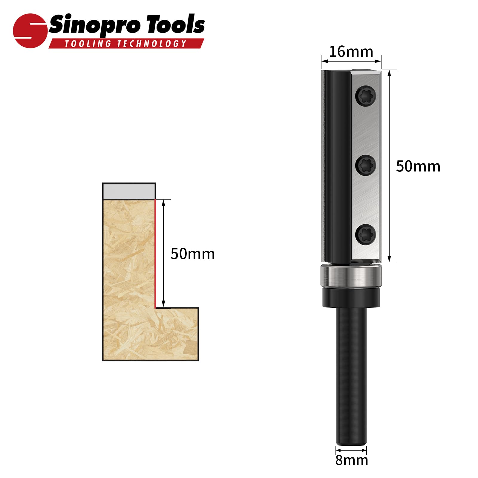 Wendeplatten Bündigfräser HW – 8 mm Schaft, 16 mm Schneidendurchmesser, 50 mm Schneidenlänge, Kugellager Unten, für Holzbearbeitung und bündiges Trimmen